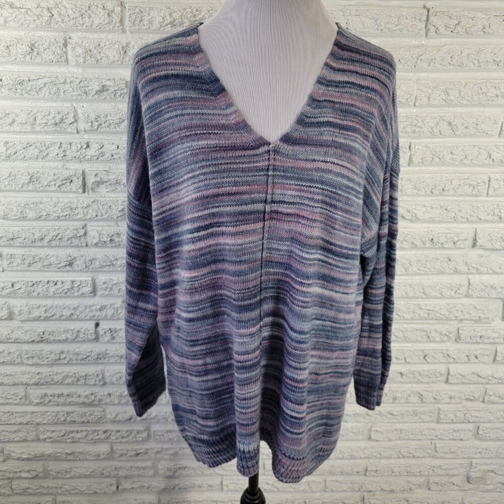 A.n.a. XL Gray Blue Striped V-Neck Tight Knit Sweater Nylon Acrylic‎ STR75E